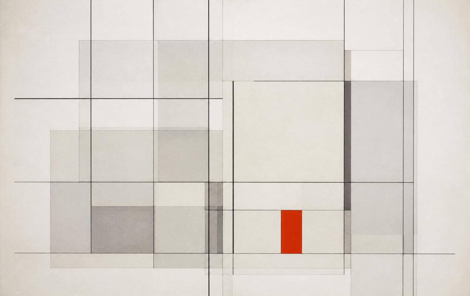 Modular grid composition of pale overlapping planes with a single red accent block