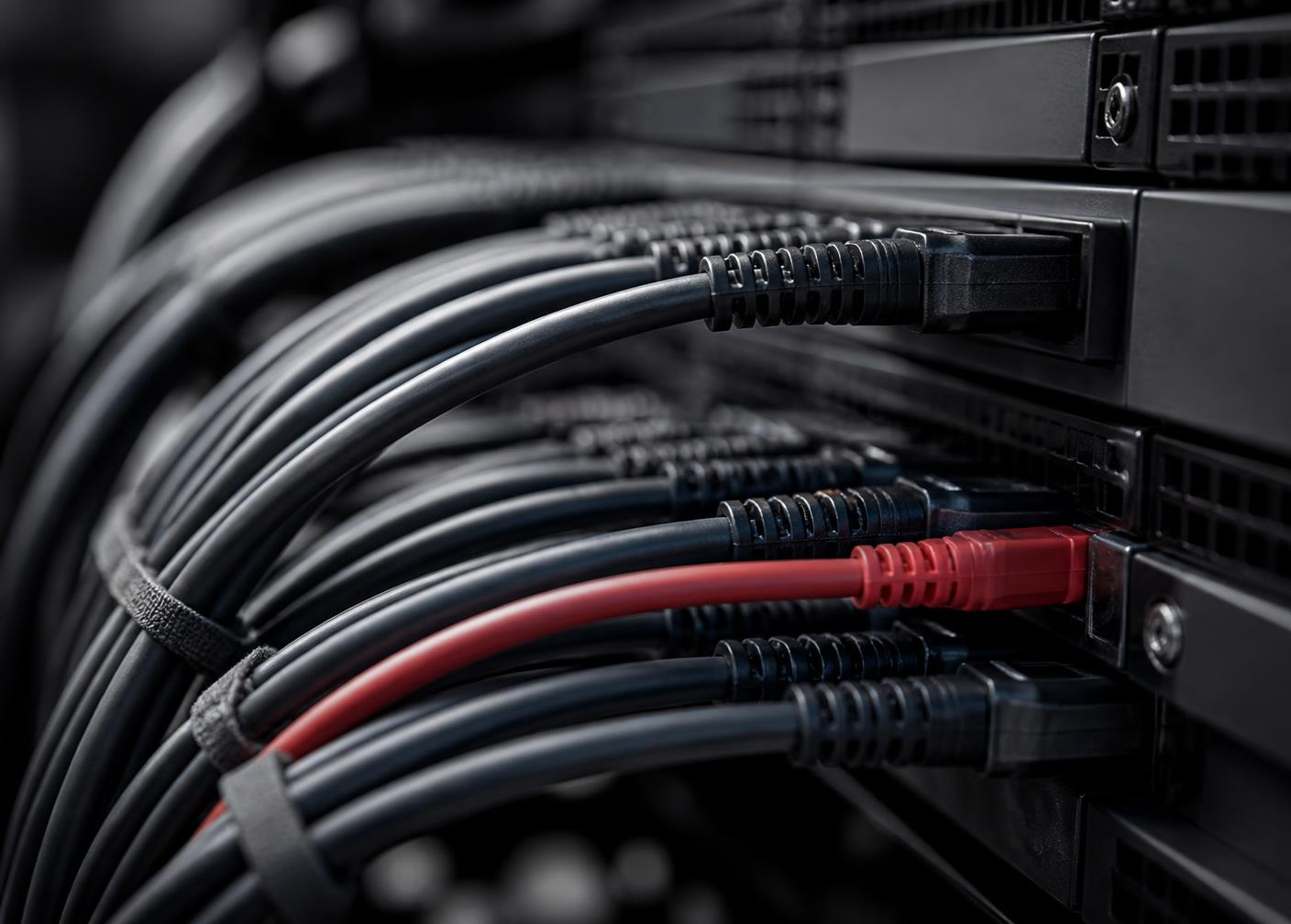 Ordered bundles of network cabling connected to equipment in a dark rack