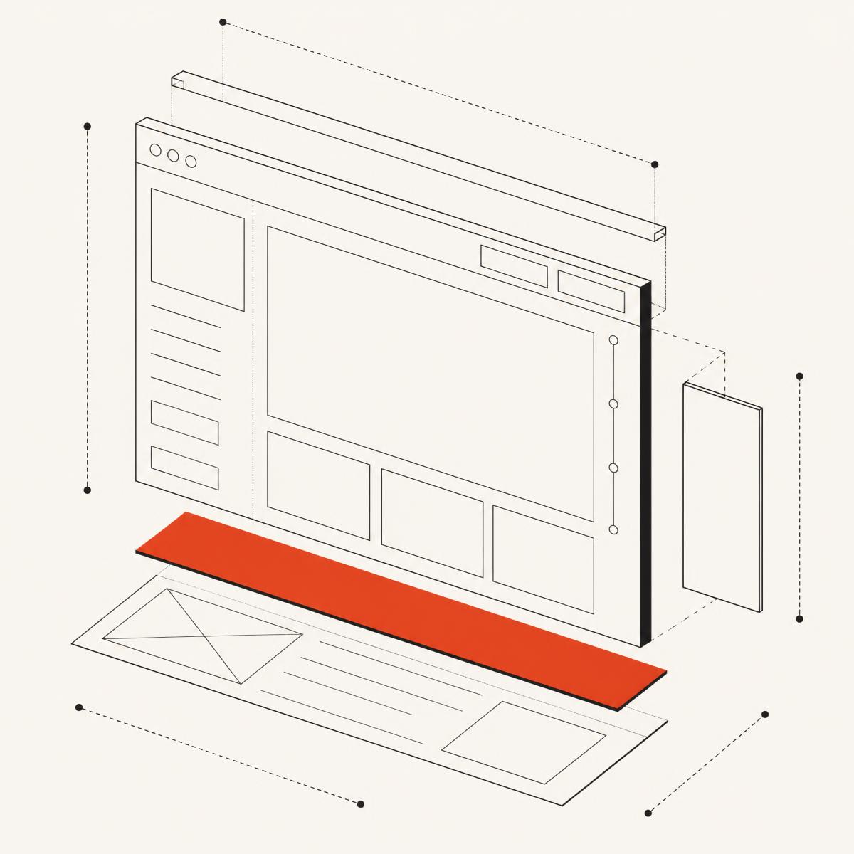 Exploded isometric diagram of software interface layers with dimension lines