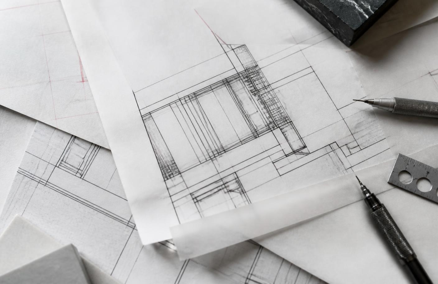 Layered technical drawings with precise line work and drafting instruments